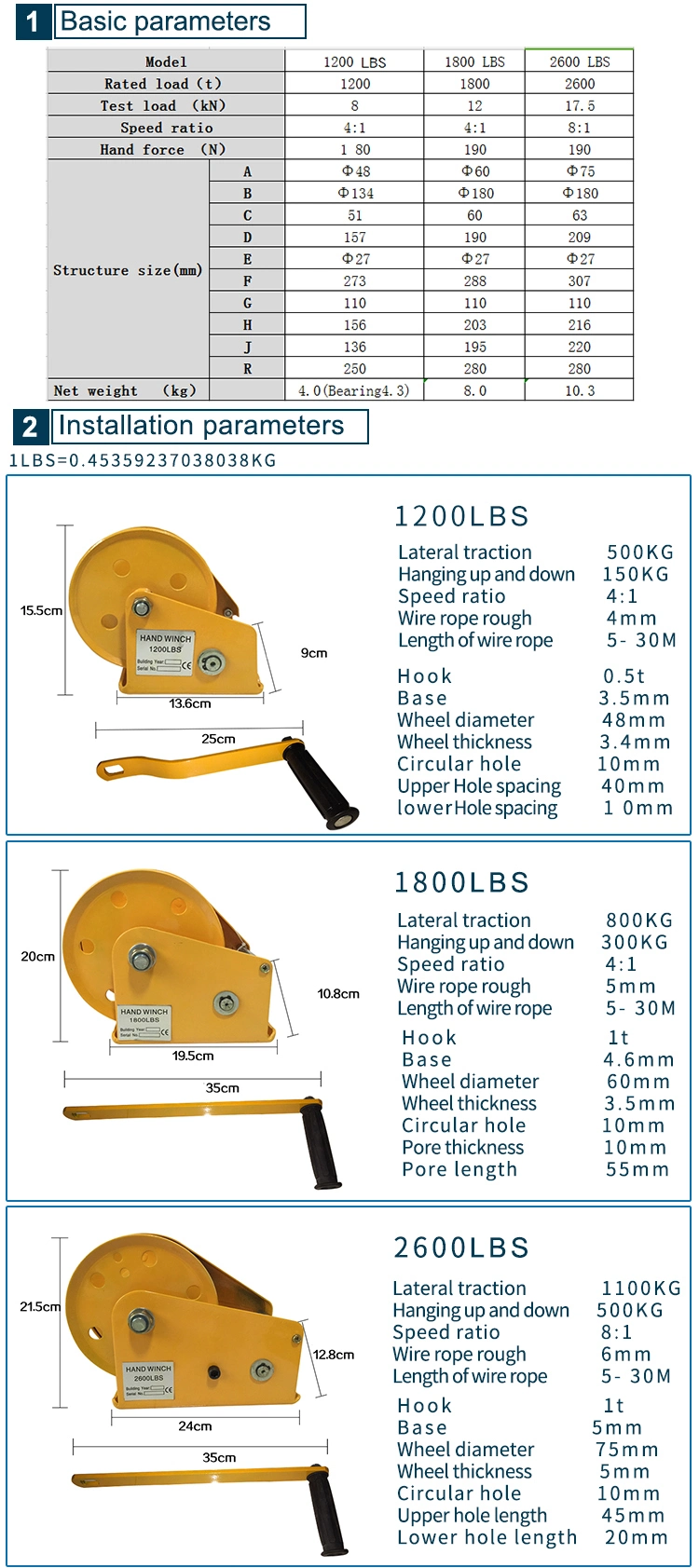 Marine Boat 1200lbs, 1800lbs, 2600lbs Hand Winch, Anchor Winches, Wire Rope Winch, Anchor Winch, Truck Winch, Boat Winch, Hydraulic Winch